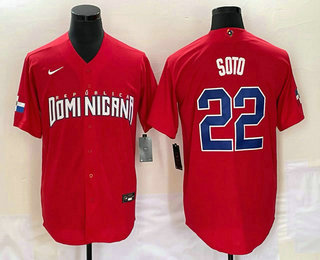Men's Dominican Republic Baseball #22 Juan Soto 2023 Red World Classic Stitched Jersey