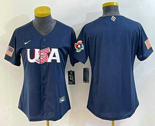 Women's USA Baseball Blank 2023 Navy World Classic Stitched Jersey - Click Image to Close