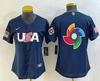 Women's USA Baseball 2023 Navy Big Logo With Patch World Classic Stitched Jerseys - Click Image to Close