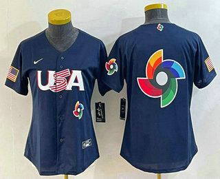 Women's USA Baseball 2023 Navy Big Logo With Patch World Classic Stitched Jersey - Click Image to Close