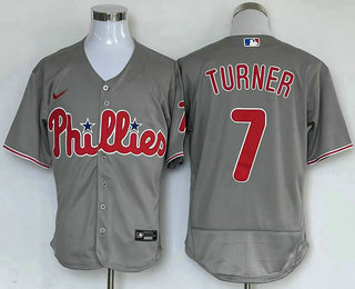 Men's Philadelphia Phillies #7 Trea Turner Grey Stitched MLB Flex Base Nike Jersey - Click Image to Close