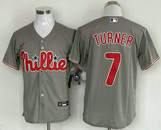 Men's Philadelphia Phillies #7 Trea Turner Grey Cool Base Stitched Baseball Jersey - Click Image to Close