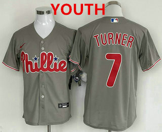Youth Philadelphia Phillies #7 Trea Turner Grey Cool Base Stitched Baseball Jersey - Click Image to Close