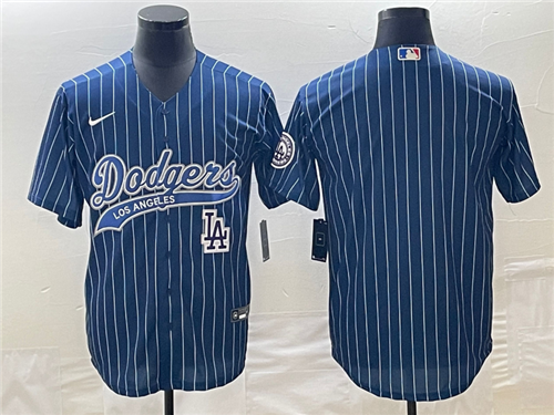 Men's Los Angeles Dodgers Blue Pinstripe Blank With Patch Cool Base Stitched Baseball Jersey