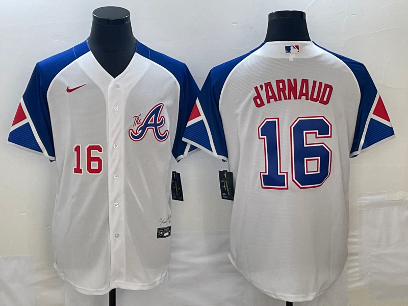 Men's Atlanta Braves #16 Travis dArnaud Number White 2023 City Connect Cool Base Stitched Jersey