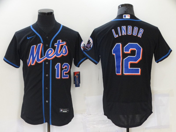 Men's New York Mets #12 Francisco Lindor Black Flex Base Stitched Jersey - Click Image to Close