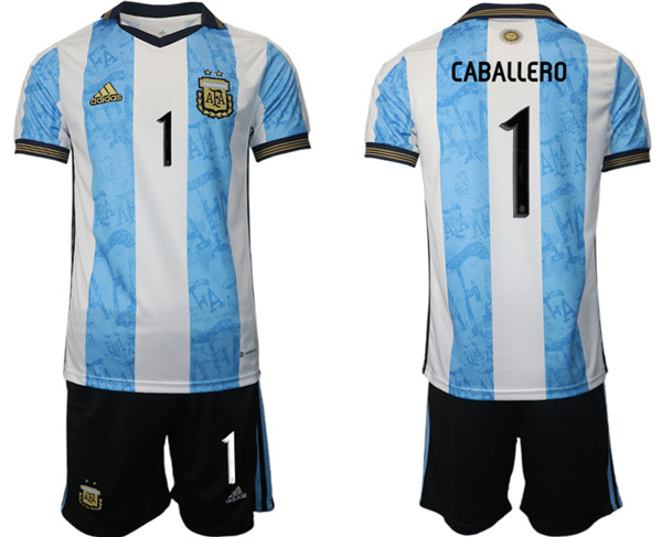 Men's Argentina #1 Caballero White Blue Home Soccer Jersey Suit