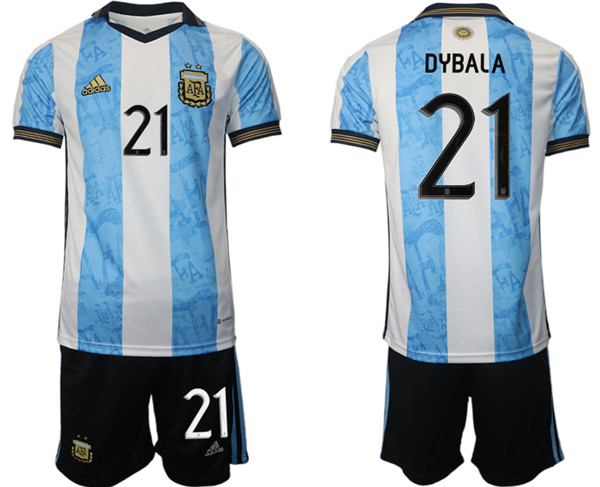 Men's Argentina #21 Dybala Maradona White Blue Home Soccer Jersey Suit