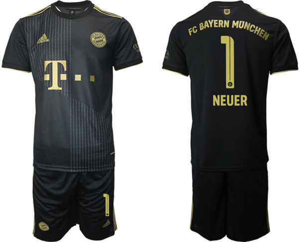 Men's FC Bayern Munchen #1 Neuer Black Away Soccer Jersey with Shorts
