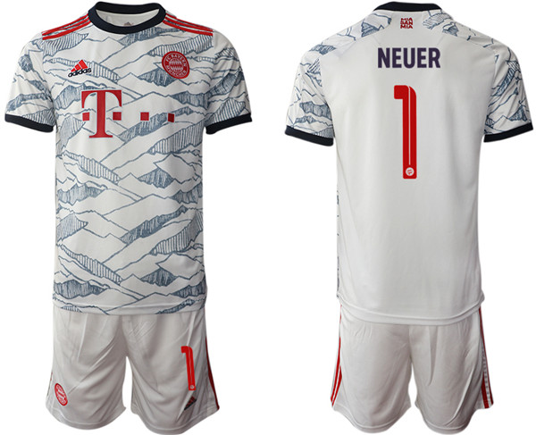 Men's FC Bayern Munchen #1 Neuer White Away Soccer Jersey with Shorts