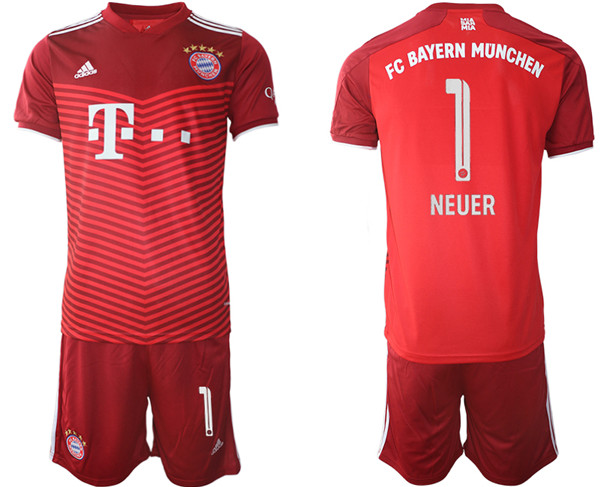 Men's FC Bayern Munchen #1 Neuer Red Home Soccer Jersey with Shorts
