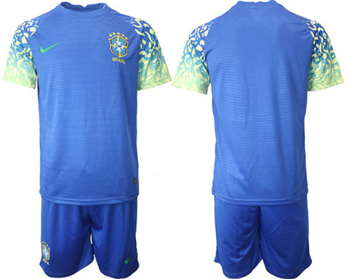 Men's Brazil Blank Blue Away Soccer Jersey Suit - Click Image to Close