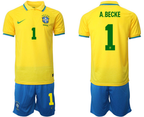 Men's Brazil #1 A. Becke Yellow Home Soccer Jersey Suit