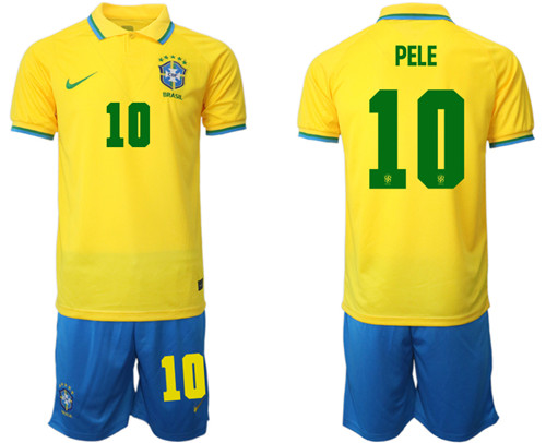 Men's Brazil #10 Pele Yellow Home Soccer Jersey Suit