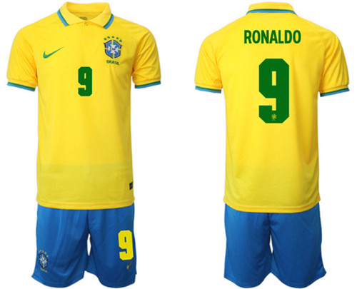 Men's Brazil #9 Ronaldo Yellow Home Soccer Jersey Suit - Click Image to Close