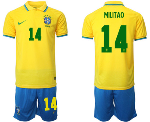 Men's Brazil #14 Militao Yellow Home Soccer Jersey Suit