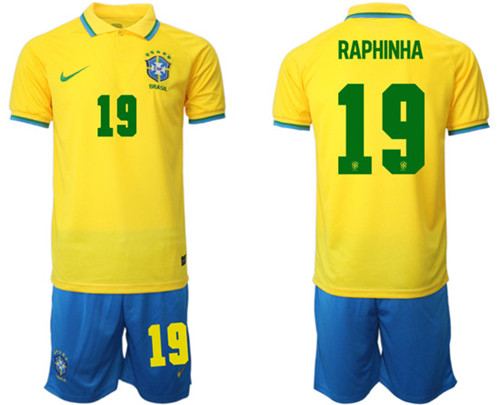 Men's Brazil #19 Raphinha Yellow Home Soccer Jersey Suit