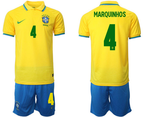 Men's Brazil #4 Marquinhos Yellow Home Soccer Jersey Suit - Click Image to Close