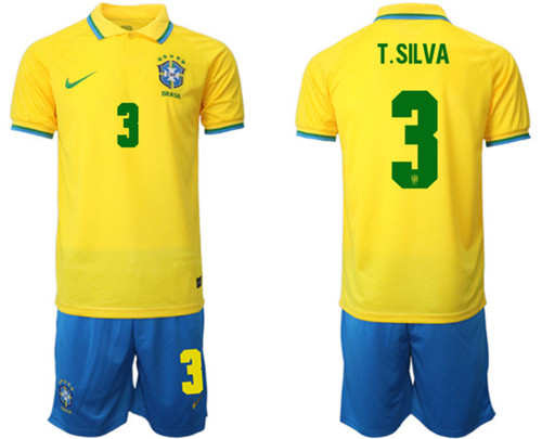 Men's Brazil #3 T. Silva Yellow Home Soccer Jersey Suit - Click Image to Close