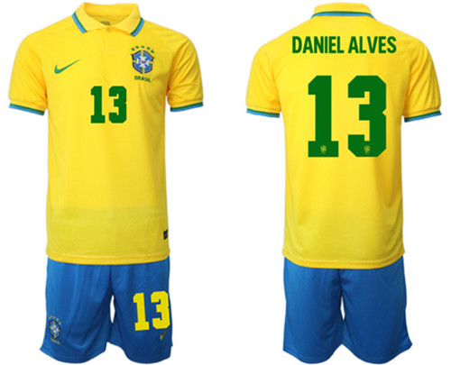 Men's Brazil #13 Daniel Alves Yellow Home Soccer Jersey Suit - Click Image to Close