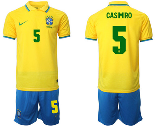 Men's Brazil #5 Casemiro Yellow Home Soccer Jersey Suit