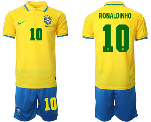 Men's Brazil #10 Ronaldinho Yellow Home Soccer Jersey Suit - Click Image to Close
