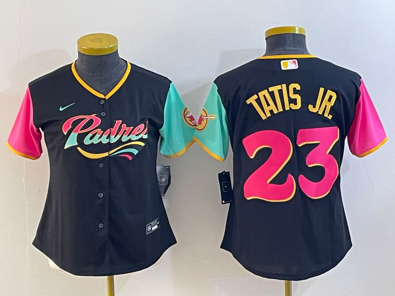 Women's San Diego Padres #23 Fernando Tatis Jr Black 2022 City Connect Cool Base Stitched Jersey - Click Image to Close