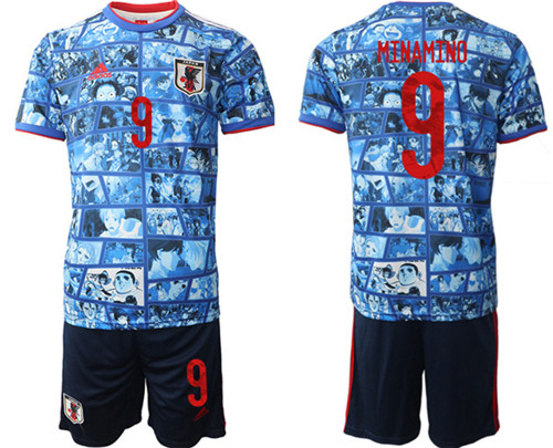 Men's Japan #9 Minamino Blue Home Soccer Jersey Suit - Click Image to Close