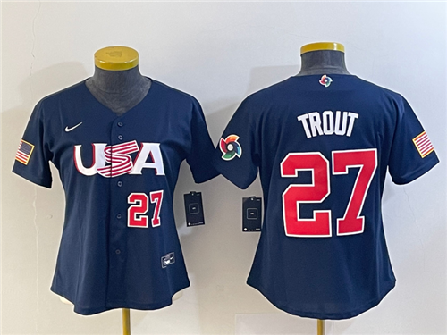 Women's USA Baseball #27 Mike Trout Number 2023 Navy World Classic Stitched Jersey - Click Image to Close