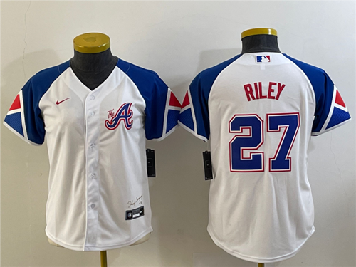 Youth Atlanta Braves #27 Austin Riley White 2023 City Connect Cool Base Stitched Jersey - Click Image to Close