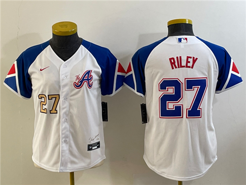 Youth Atlanta Braves #27 Austin Riley Number White 2023 City Connect Cool Base Stitched Jersey - Click Image to Close