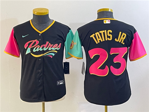 Youth San Diego Padres #23 Fernando Tatis Jr Black 2022 City Connect Cool Base Stitched Jersey - Click Image to Close