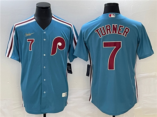 Men's Philadelphia Phillies #7 Trea Turner Blue Cooperstown Throwback Cool Base Nike Jersey - Click Image to Close