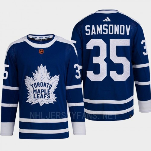 Men's Toronto Maple Leafs #35 Ilya Samsonov Blue 2022 Reverse Retro Primegreen Jersey - Click Image to Close