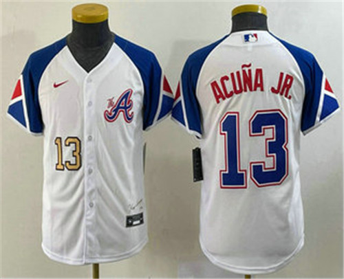Youth Atlanta Braves #13 Ronald Acuna Jr Number White 2023 City Connect Cool Base Stitched Jersey - Click Image to Close