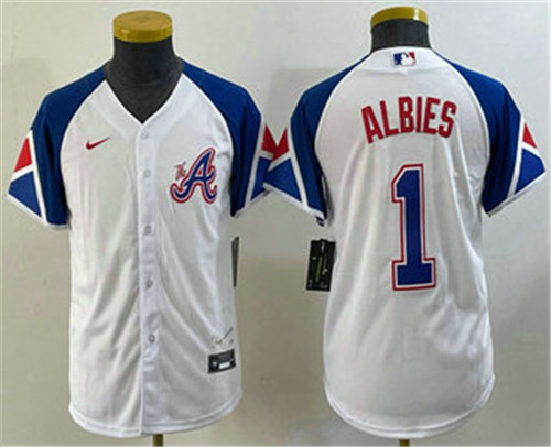 Youth Atlanta Braves #1 Ozzie Albies White 2023 City Connect Cool Base Stitched Jersey - Click Image to Close