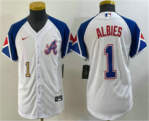 Youth Atlanta Braves #1 Ozzie Albies Number White 2023 City Connect Cool Base Stitched Jersey - Click Image to Close