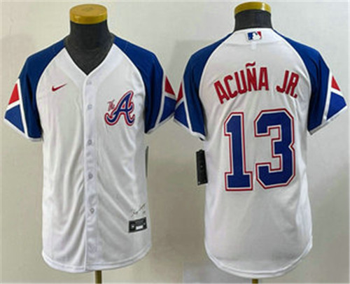 Youth Atlanta Braves #13 Ronald Acuna Jr White 2023 City Connect Cool Base Stitched Jersey - Click Image to Close