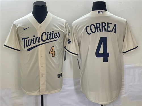 Men's Minnesota Twins #4 Carlos Correa Number Cream 2022 City Connect Cool Base Stitched Jersey - Click Image to Close