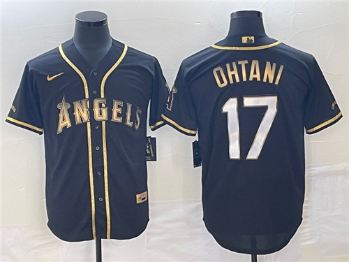 Men's Los Angeles Angels #17 Shohei Ohtani Black Gold Stitched MLB Cool Base Nike Jersey - Click Image to Close