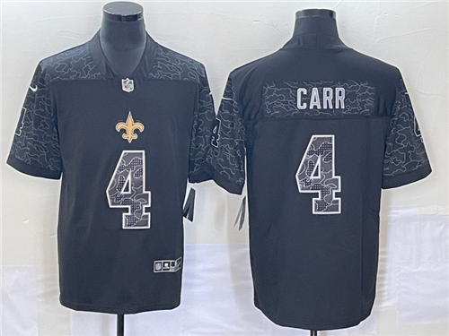 Men's New Orleans Saints #4 Derek Carr Black Reflective Limited Stitched Football Jersey