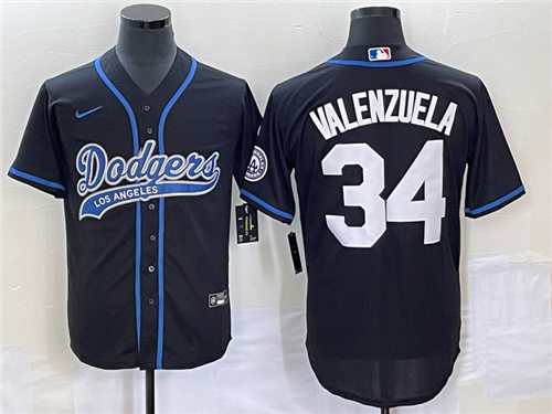 Men's Los Angeles Dodgers #34 Fernando Valenzuela Black With Patch Cool Base Stitched Baseball Jerse