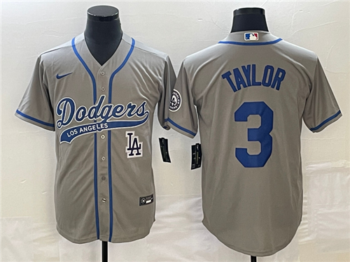 Men's Los Angeles Dodgers #3 Chris Taylor Grey With Patch Cool Base Stitched Baseball Jersey
