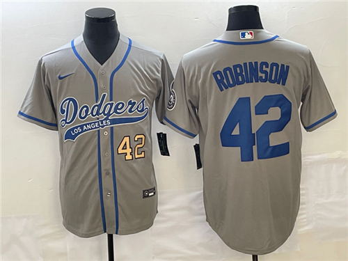 Men's Los Angeles Dodgers #42 Jackie Robinson Number Grey With Patch Cool Base Stitched Baseball Jer