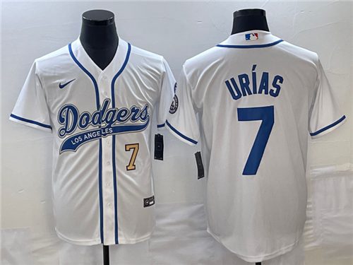 Men's Los Angeles Dodgers #7 Julio Urias Number White With Patch Cool Base Stitched Baseball Jersey
