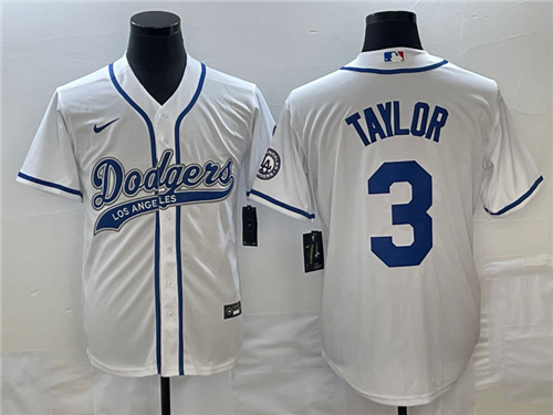 Men's Los Angeles Dodgers #3 Chris Taylor White With Patch Cool Base Stitched Baseball Jersey