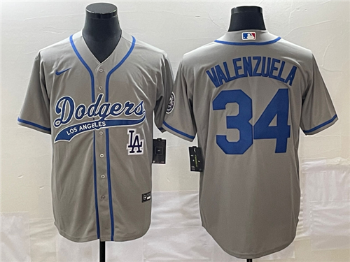 Men's Los Angeles Dodgers #34 Fernando Valenzuela Grey With Patch Cool Base Stitched Baseball Jersey