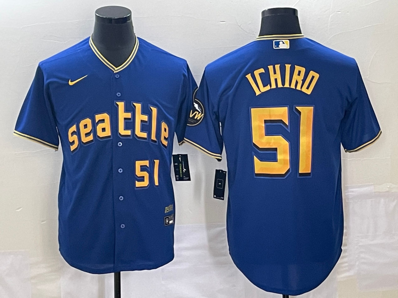 Men's Seattle Mariners #51 Ichiro Suzuki Number Blue 2023 City Connect Cool Base Stitched Jersey - Click Image to Close
