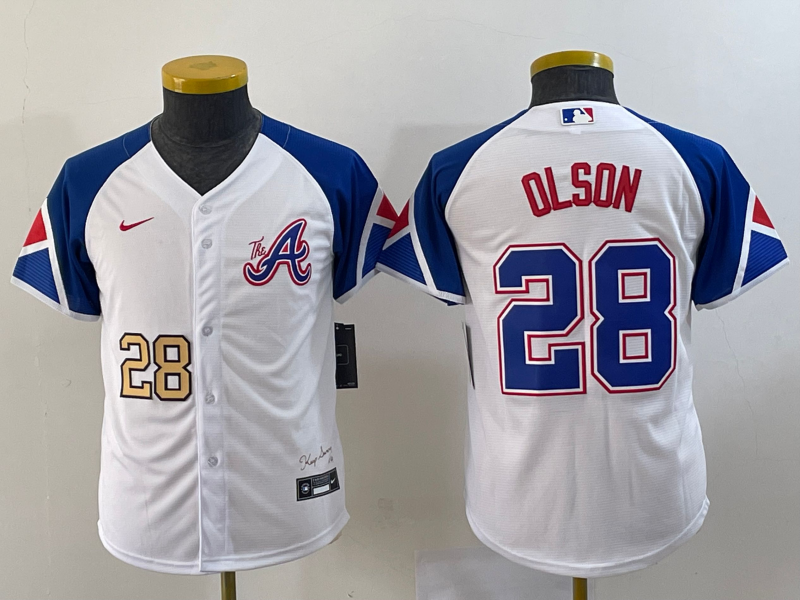 Youth Atlanta Braves #28 Matt Olson Number White 2023 City Connect Cool Base Stitched Jersey - Click Image to Close