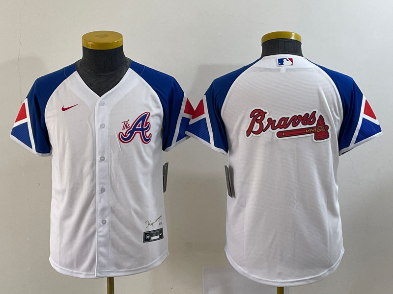 Youth Atlanta Braves Big Logo White 2023 City Connect Cool Base Stitched Jersey - Click Image to Close